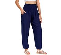 Lofbaz Mujer Pantalones Harem Boho de Cintura alforzada Solid Azul Oscuro L