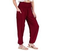 Lofbaz Mujer Pantalones Harem Boho de Cintura alforzada Solid Borgoña 3XL