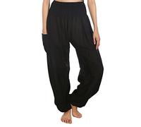 Lofbaz Mujer Pantalones Harem Boho de Cintura alforzada Solid Negro L