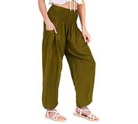 Lofbaz Mujer Pantalones Harem Boho de Cintura alforzada Solid Verde Oscuro XL