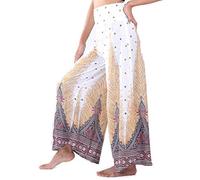 Lofbaz Mujer Pierna Ancha Palazzo Pantalones Yoga Hippie Harén fluir Pantalones - Peacock 1 Blanco - L