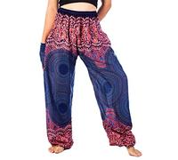 Lofbaz Mujer Smocked Cintura Rose 1 Flor Harén Pantalones Azul Oscuro Size L