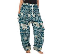 Lofbaz Mujer Tailandés Elefantes Cordón Harén Boho Pantalones Verde Trullo L
