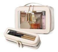 LOFO - Bolsa de maquillaje transparente con soporte para brochas, 2 piezas, bolsa de viaje para cosméticos y artículos de aseo, estuche de maquillaje portátil compacto para artículos esenciales (beige
