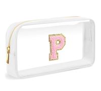 LOFOWN Bolsa de maquillaje transparente con inicial, pequeña bolsa de cosméticos de viaje, bolsa de aseo transparente con cremallera, bolsa organizadora para mujer, Blanco-M, P, Bolsa de maquillaje
