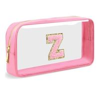 LOFOWN Bolsa de maquillaje transparente con inicial, pequeña bolsa de cosméticos de viaje, bolsa de aseo transparente con cremallera, bolsa organizadora para mujer, Rosa-M, Z, Bolsa de maquillaje con