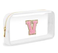 LOFOWN Bolsa de maquillaje transparente con inicial, pequeña bolsa de cosméticos de viaje, bolsa de aseo transparente con cremallera, bolsa organizadora para mujer, Blanco-M, V, Bolsa de maquillaje