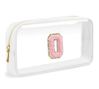 LOFOWN Bolsa de maquillaje transparente con inicial, pequeña bolsa de cosméticos de viaje, bolsa de aseo transparente con cremallera, bolsa organizadora para mujer, Blanco-M, O, Bolsa de maquillaje