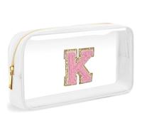 LOFOWN Bolsa de maquillaje transparente con inicial, pequeña bolsa de cosméticos de viaje, bolsa de aseo transparente con cremallera, bolsa organizadora para mujer, Blanco-M, K, Bolsa de maquillaje