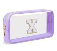 LOFOWN Bolsa de maquillaje transparente con inicial, pequeña bolsa de cosméticos de viaje, bolsa de aseo transparente con cremallera, bolsa organizadora para mujer, Púrpura, M, X, Bolsa de maquillaje