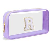 LOFOWN Bolsa de maquillaje transparente con inicial, pequeña bolsa de cosméticos de viaje, bolsa de aseo transparente con cremallera, bolsa organizadora para mujer, Púrpura, M, R, Bolsa de maquillaje