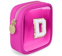 LOFOWN Bolsa de maquillaje transparente con inicial, pequeña bolsa de cosméticos de viaje, bolsa de aseo transparente con cremallera, bolsa organizadora para mujer, Fuxia, D, Bolsa de maquillaje
