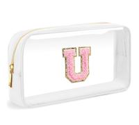 LOFOWN Bolsa de maquillaje transparente con inicial, pequeña bolsa de cosméticos de viaje, bolsa de aseo transparente con cremallera, bolsa organizadora para mujer, Blanco-M, U, Bolsa de maquillaje