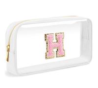 LOFOWN Bolsa de maquillaje transparente con inicial, pequeña bolsa de cosméticos de viaje, bolsa de aseo transparente con cremallera, bolsa organizadora para mujer, Blanco-M, H, Bolsa de maquillaje