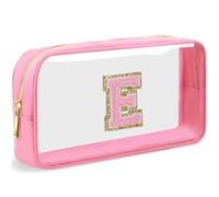 LOFOWN Bolsa de maquillaje transparente con inicial, pequeña bolsa de cosméticos de viaje, bolsa de aseo transparente con cremallera, bolsa organizadora para mujer, Rosa-M, E, Bolsa de maquillaje con