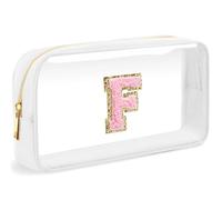 LOFOWN Bolsa de maquillaje transparente con inicial, pequeña bolsa de cosméticos de viaje, bolsa de aseo transparente con cremallera, bolsa organizadora para mujer, Blanco-M, F, Bolsa de maquillaje