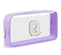 LOFOWN Bolsa de maquillaje transparente con inicial, pequeña bolsa de cosméticos de viaje, bolsa de aseo transparente con cremallera, bolsa organizadora para mujer, Púrpura, M, Q, Bolsa de maquillaje