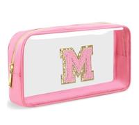 LOFOWN Bolsa de maquillaje transparente con inicial, pequeña bolsa de cosméticos de viaje, bolsa de aseo transparente con cremallera, bolsa organizadora para mujer, Rosa-M, M, Bolsa de maquillaje con