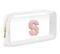 LOFOWN Bolsa de maquillaje transparente con inicial, pequeña bolsa de cosméticos de viaje, bolsa de aseo transparente con cremallera, bolsa organizadora para mujer, Blanco-M, S, Bolsa de maquillaje