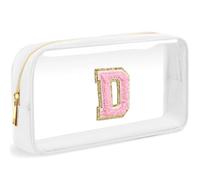 LOFOWN Bolsa de maquillaje transparente con inicial, pequeña bolsa de cosméticos de viaje, bolsa de aseo transparente con cremallera, bolsa organizadora para mujer, Blanco-M, D, Bolsa de maquillaje