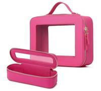 LOFOWN Bolsa de maquillaje transparente pequeña bolsa de cosméticos y artículos de aseo impermeable, bolsa de viaje para mujer, organizador de maquillaje para coche con cremallera, Fuxia, L+Slim,