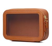 LOFOWN Bolsa de maquillaje transparente pequeña bolsa de cosméticos y artículos de aseo impermeable, bolsa de viaje para mujer, organizador de maquillaje para coche con cremallera, Marrón, Small-1