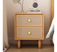 Log simple retro, mesita de noche con 2 cajones decorados de ratán hechos a mano, cama D de almacenamiento D, gabinete lateral, para muebles de dormitorio de sala de estar (color de madera oscura