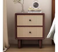 Log simple retro, mesita de noche con 2 cajones decorados de ratán hechos a mano, cama D de almacenamiento D, gabinete lateral, para muebles de dormitorio de sala de estar (color de madera oscura