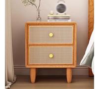 Log simple retro, mesita de noche con 2 cajones decorados de ratán hechos a mano, cama D de almacenamiento D, gabinete lateral, para muebles de dormitorio de sala de estar (color de madera oscura
