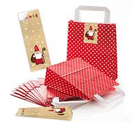Logbuch-Verlag 25 bolsas de papel rojo con puntos blancos 18 x 8 x 22 cm + 25 pegatinas de Navidad con motivo de San Nicolás Papá Noel en color oro - embalaje navideño