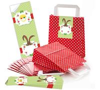 Logbuch-Verlag 5 pequeñas bolsas de papel rojas para regalo de Pascua, con diseño de lunares con asa, 18 x 8 x 22 cm + 5 etiquetas de Pascua de 7,2 x 21 cm, color marrón, blanco y verde
