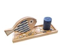 Logbuch-Verlag Decoración de mar azul con pescado de madera y vela en bandeja de velas con arena y conchas de 40 x 30 cm como regalo