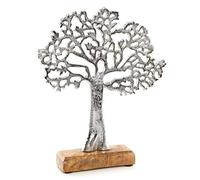 Logbuch-Verlag Figura decorativa árbol de la vida de metal plateado 27 cm con base de madera - figura decorativa moderna, árbol de la vida decoración