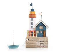 Logbuch-Verlag Figura decorativa faro madera en miniatura 26 cm en tonos azules amarillos rojos y blancos - faro decoración marinera - decoración verano