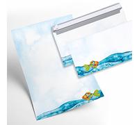 Logbuch-Verlag juego de 12 hojas de papel de cartas + 10 sobres - diseño peces arcoíris - colorida turquesa azul