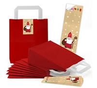 Logbuch-Verlag Pack de 5 bolsas de papel rojo con asas blancas y + 5 adhesivos papá noel para cierre 18 x 8 x 22 cm - bolsas bonitas para regalo navidad