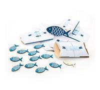 Logbuch-Verlag Set de 23 piezas de madera: 12 peces tamaño pequeño + 1 pez tamaño grande + 10 cajitas de regalo - decoración marina color azul