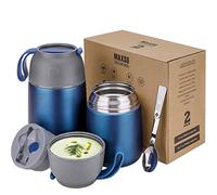LOGEEYAR Recipiente térmico para alimentos, 500 ml y 700 ml, de acero inoxidable, con cuchara plegable, comida, sopa, gachas, yogur, termo de viaje, 2 recipientes aislantes, color azul