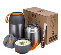 LOGEEYAR Recipiente térmico para alimentos, 500 ml y 700 ml, de acero inoxidable, con cuchara plegable, comida, sopa, gachas, yogur, termo de viaje, 2 recipientes aislantes, color gris