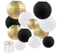 Logei Farolillos de papel de oro negro, 12 farolillos de papel redondos colgantes para fiestas, bodas, cumpleaños, fiestas en el jardín (oro negro)