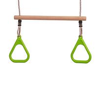 Loggyland Columpio de Madera Resistente con Anillos de Gimnasia y Cuerda Trapecio de Swing con Anillos Verde Manzana