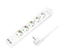 LogiLink LPS249U - Regleta de 5 enchufes (5 x CEE 7/3) + 2 x USB-A con Interruptor de Encendido/Apagado y protección IP20, Longitud del Cable = 1,5 m, Color Blanco