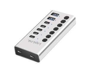 LogiLink UA0447 - Hub USB 3.2 Gen1 con 7 Puertos y Cable/Adaptador, USB Tipo A y USB Tipo C, Interruptor de Encendido/Apagado, Aluminio