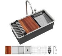 Logmey Fregadero de cocina de cascada de 33 pulgadas con grifo extraíble, combo de 33 x 17 x 9 pulgadas, estación de trabajo, fregadero de cocina de acero inoxidable calibre 16, fregadero de lluvia de