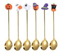 LOGOFUN 6 cucharas de acero inoxidable de Halloween, calabaza, fantasma, sombrero de bruja, cucharas de postre, cucharas de elementos de Halloween, cuchara para decoración de mesa de cena, color