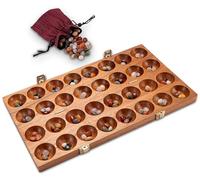 LOGOPLAY Hus - Bao - Kalaha - Juego de judías - Juego de conchas - Juego de piedras preciosas de madera de samena con elegante cierre de metal dorado, incluye piedras preciosas