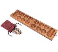 LOGOPLAY Kalaha Juego de habas y piedras preciosas hechas de madera de samena marrón con bolsa de tela