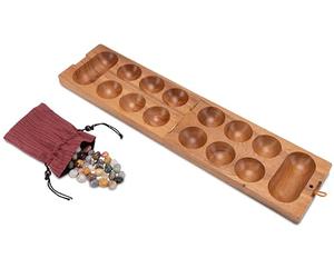 LOGOPLAY Kalaha Juego de habas y piedras preciosas hechas de madera de samena marrón con bolsa de tela
