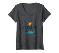 Logotipo de Cabo Life: Tropical Beach Vacation Sunset Camiseta Cuello V, Mujer, Jaspeado Oscuro, M
