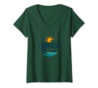 Logotipo de Cabo Life: Tropical Beach Vacation Sunset Camiseta Cuello V, Mujer, Verde Bosque, L
